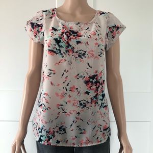 Japna Semi Sheer Pink Roses Tulip Sleeves Twist Back Top Blouse Small
